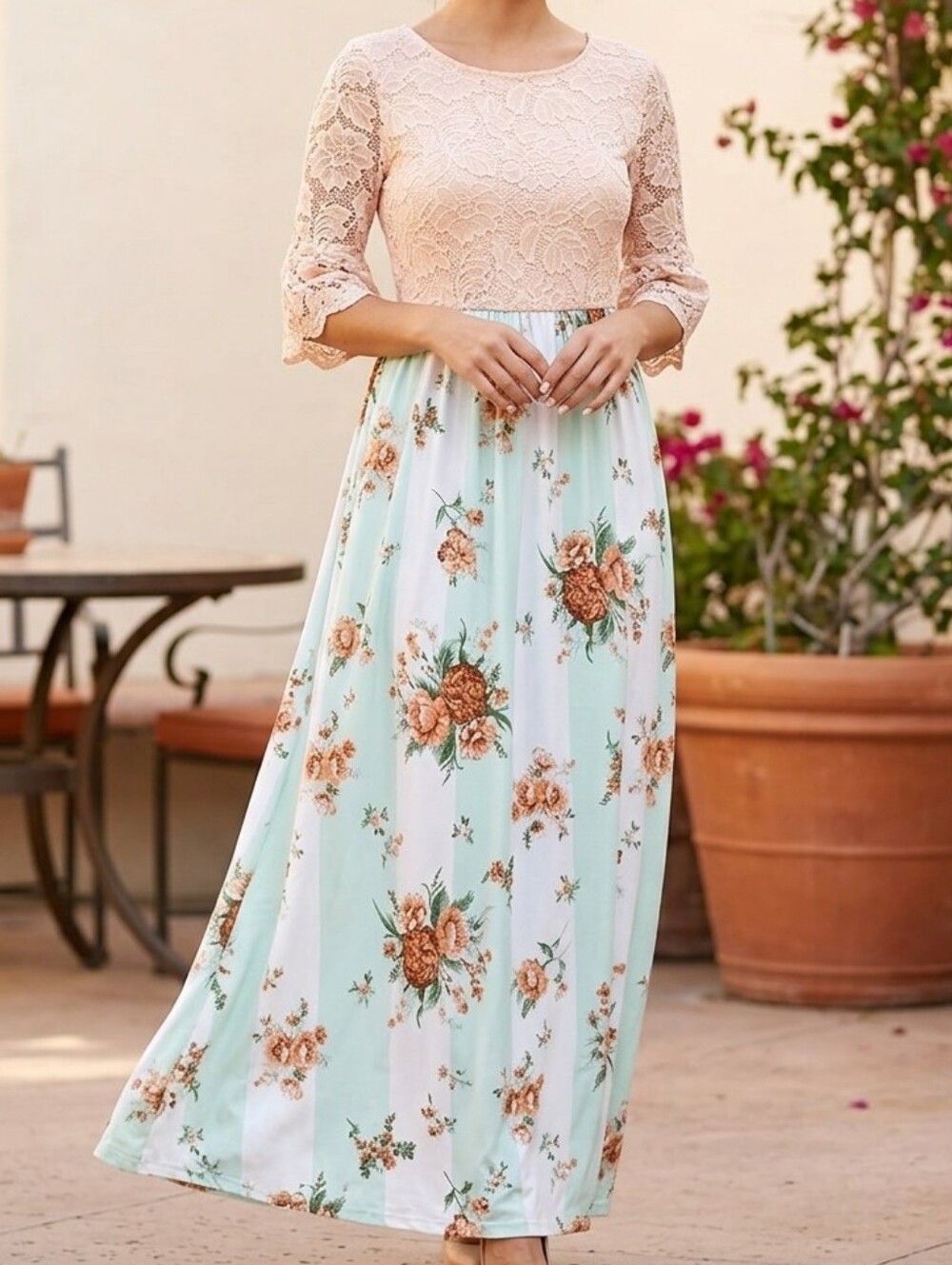 [[Reborn J]] Blush Lace Top Maxi Skirt Dress with Mint Floral Skirt